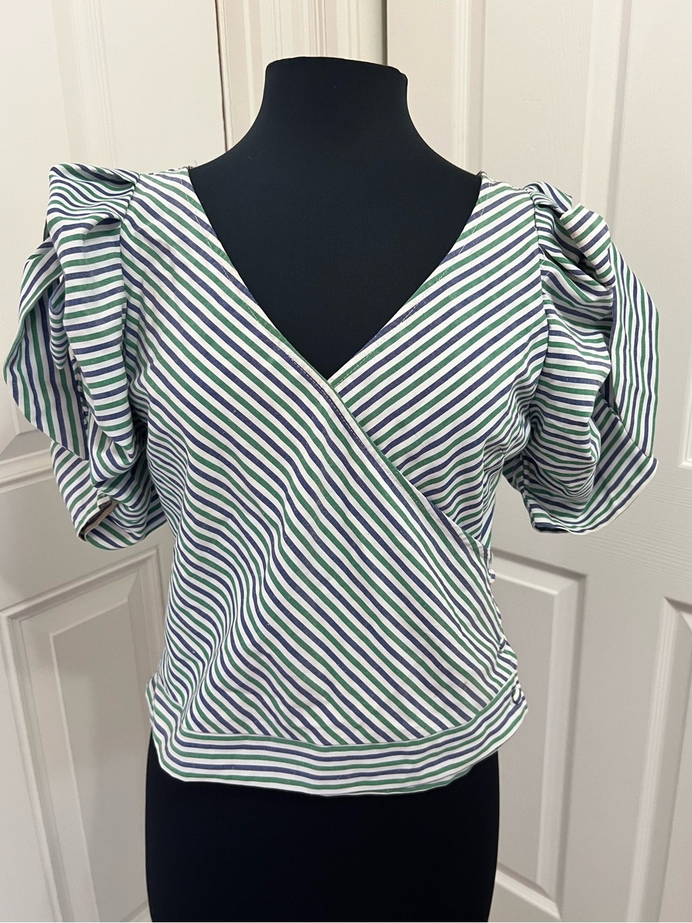 Lulumari Striped Puff Sleeve Wrap Top in Green Blue & White